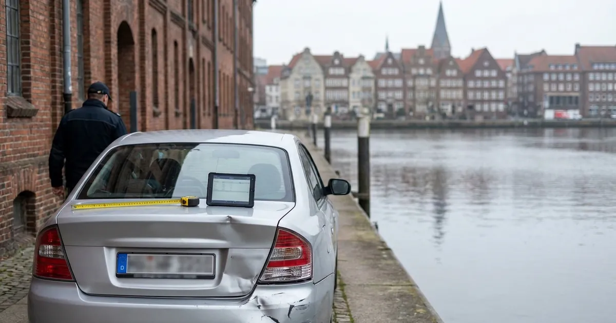 KFZ-Gutachter dokumentiert Schaden an einem Fahrzeug nahe der Bremer Weserpromenade