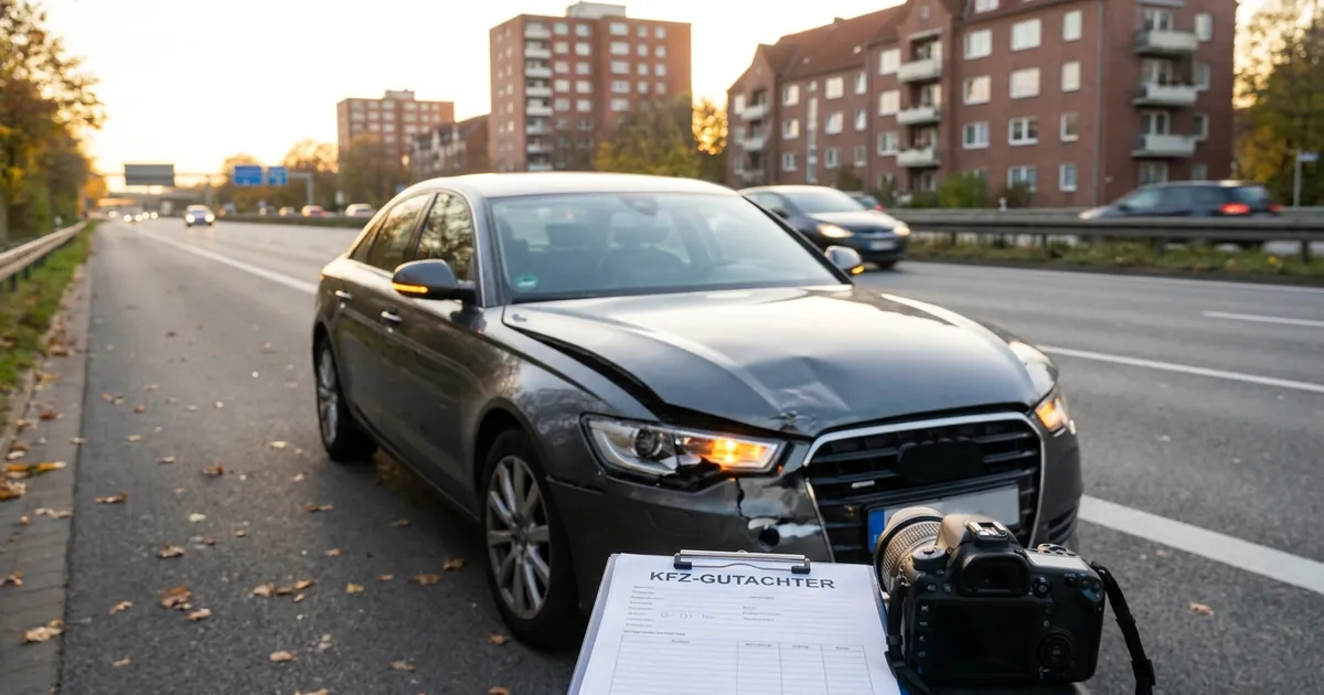 KFZ-Gutachter dokumentiert Unfallschaden an einem Fahrzeug am Straßenrand in Hannover
